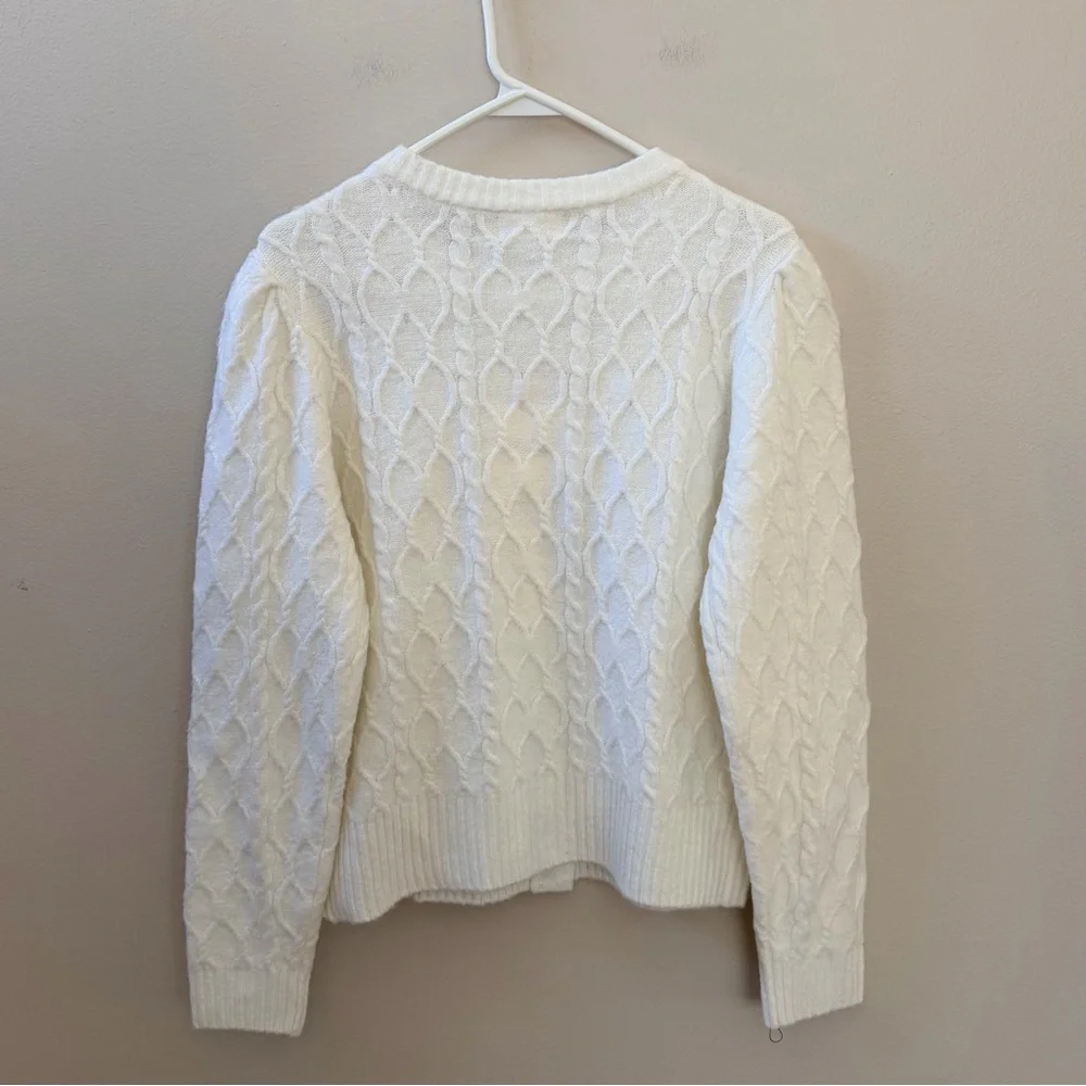 Marled Cable Knit Off White Cardigan Sweater with Pearl Details, Sz S
